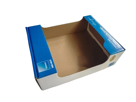 Caja de cartón impresa abierta, vista de su armado